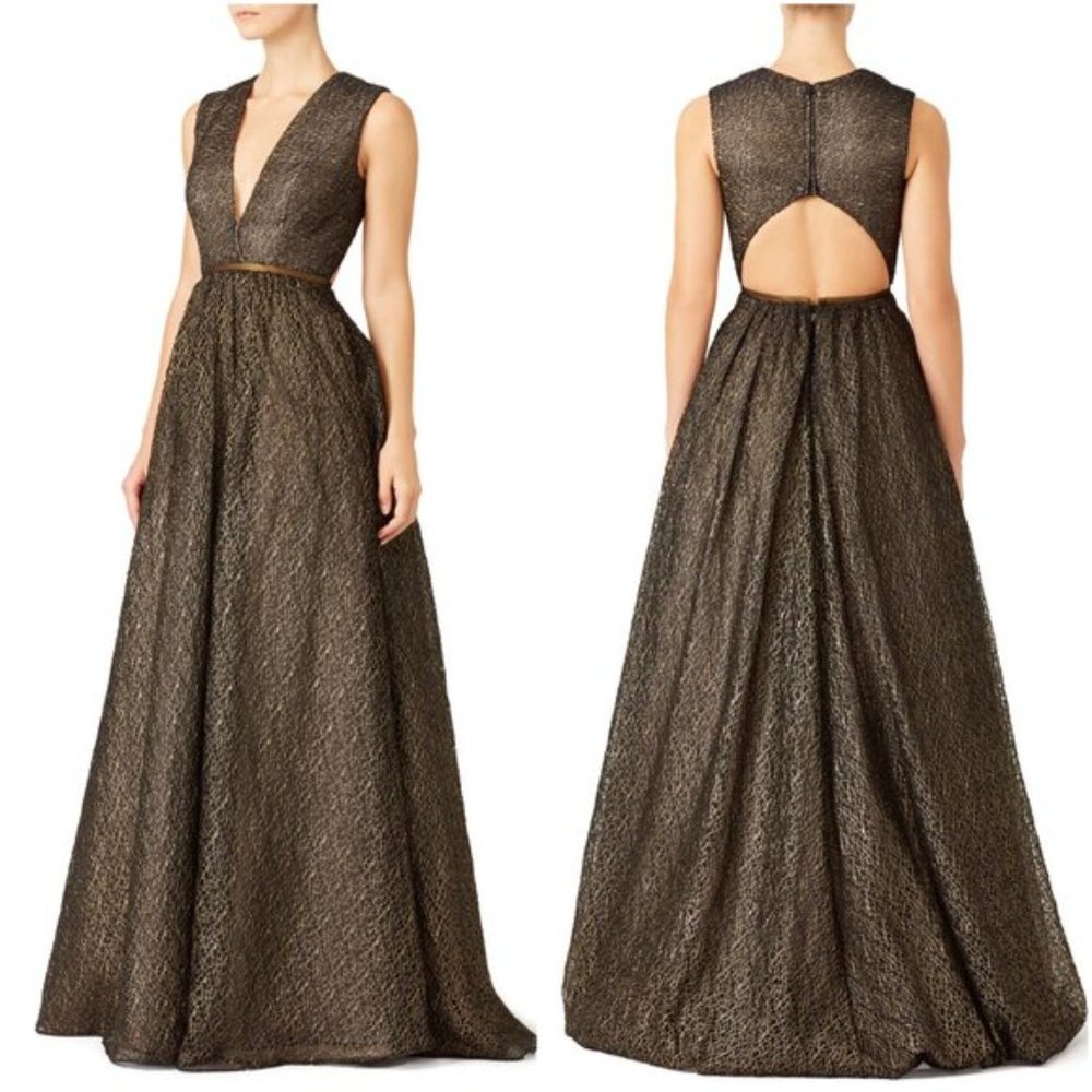 $998 ML MONIQUE LHUILLIER Black V-Neck Lace Ball Gown 0 XS Cinderella Cutout - Picture 2 of 10